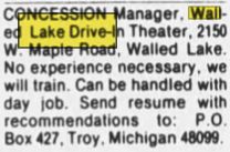 Walake Drive-In Theatre - Mar 1985 Help Wanted Ad